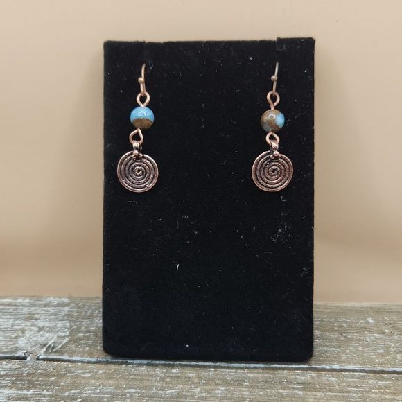 Teal Impression Jasper and Copper Spiral Drop Earrings - Picture 2 of 4